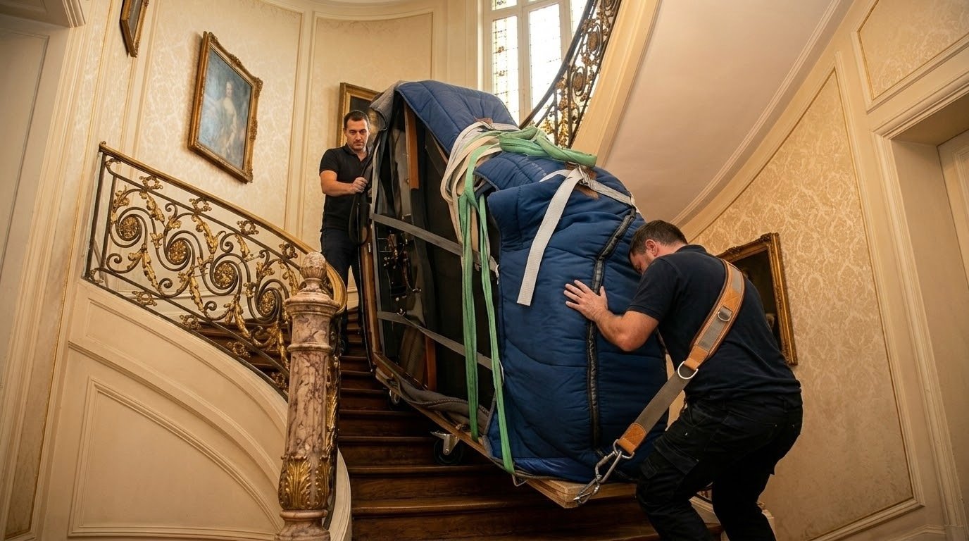Transport de piano à queue dans un escalier par Transports Rota
